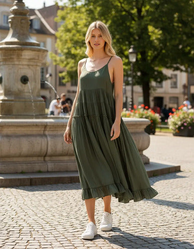 Vestido Solero Largo Simil Seda Verde Loro Lisa Único