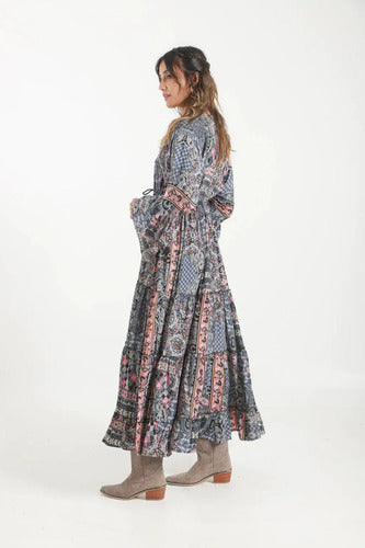 Vestido De Seda Hindú Largo Mangas Oxford Mod. 62 Gris Oscuro Estampado Único