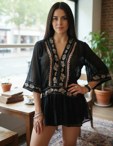 Blusa Camisa Tunica  Bordada Importada India Folk Tipo Vars Negro S