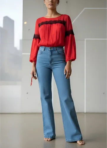 Pantalón Jean Denim Azul Claro Tiro Alto Denim Azul Claro Liso 36