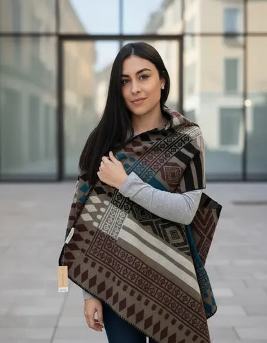 Poncho Saco Ruana Amplio Importado Beige Con Marron Estampado Único