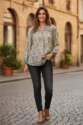 Camisa Blusa De Seda Hindú Modelo Grande Mod. 105 Marrón Claro Estampado Único