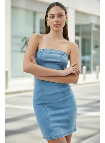 Vestido Jean Elastizado Strapless Denim Nuevo 2da Seleccion