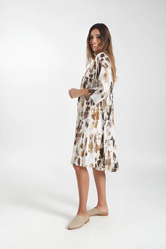 Vestido Manga Larga De India Estampado Modelo Amplio Blanco Con Marrón Manga Corta Estampado M