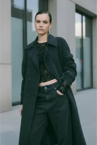 Trench Jean Tapado Denim Largo Sobretodo