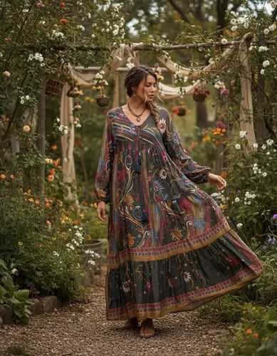 Vestido Largo Seda Hindú Manga Larga Nuevo 2da Selección Multicolor Estampado Único
