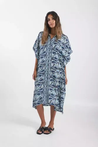 Vestido De Seda Hindú Amplio Mod. 49 Nuevo 2da Selección Azul Estampado Único
