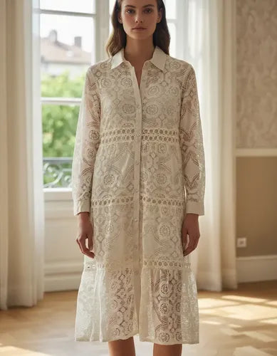 Vestido Camisero Abotonado De Encaje