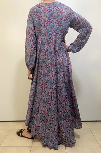 Vestido Boho Largo Manga Larga Seda Hindú Fiesta Verde Estampado Único