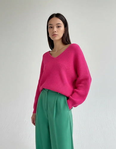 Sweater Tejido Morley Mangas Globo Fucsia Liso Único