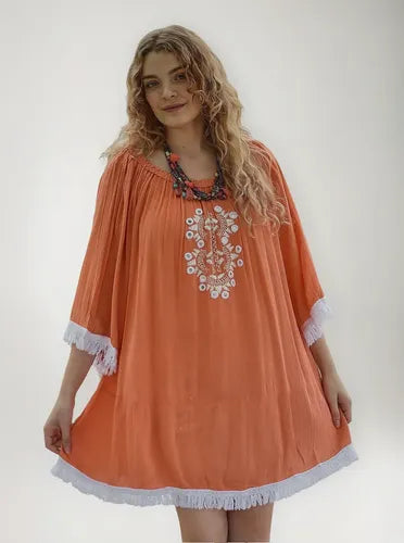Vestido De Bambula Bordado Modelo Grande Naranja Bordado Único