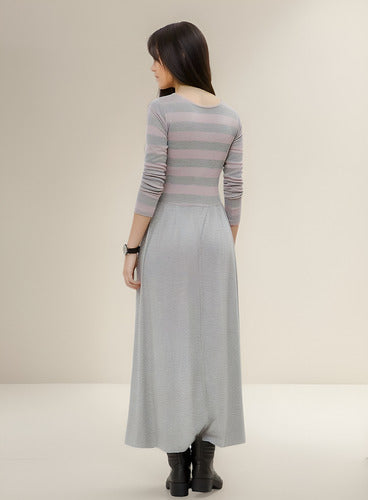 Vestido Largo De Algodón Marca Vestite Y Andate Gris Rayas S