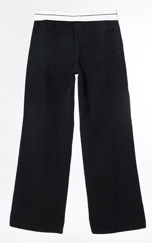 Pantalón Jean Wide Leg Jean Rígido Con Aplique  Denim