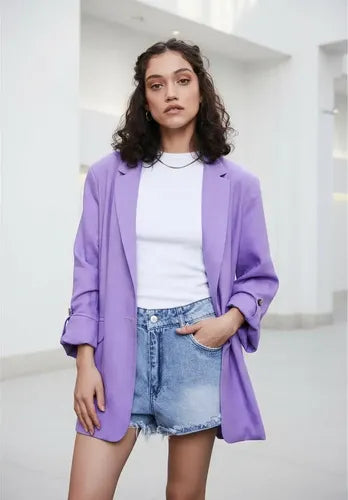 Saco Blazer Lino Amplio Lila Liso 42