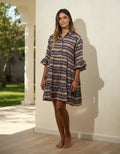 Vestido De Seda Hindú Corto Amplio Mod. 46 Nude Y Azul Estampado Único