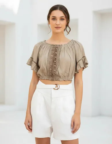 Camisa Blusa Paisana Importada Corta Marrón Claro L