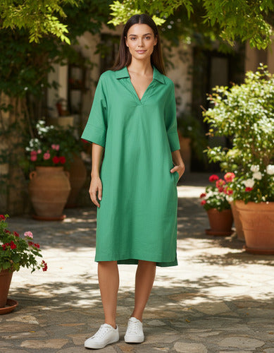 Vestido De Lino Midi Con Cuello Camisero Verde Lisa Único
