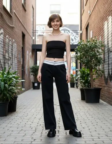 Pantalón Jean Wide Leg Jean Rígido Con Aplique  Denim