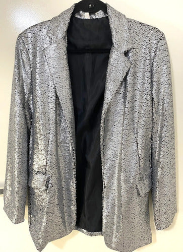 Saco Blazer Lentejuelas Plata Plateado Liso 40