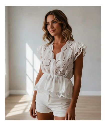 Camisa Broderie Corta Mujer