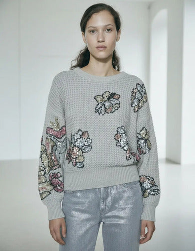 Sweater Tejido Panal Importado Lentejuelas Paillettes Negro Lentejuelas Único