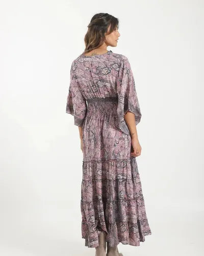 Vestido De Seda Hindú Largo Nuevo 2da Selección Lila Estampado Único