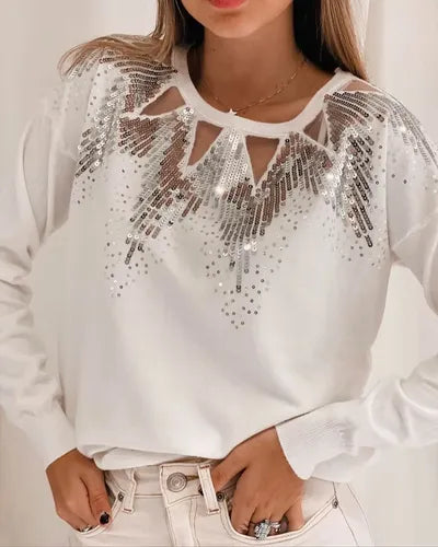 Sweater Bordado Importado Lentejuelas Paillettes Blanco U
