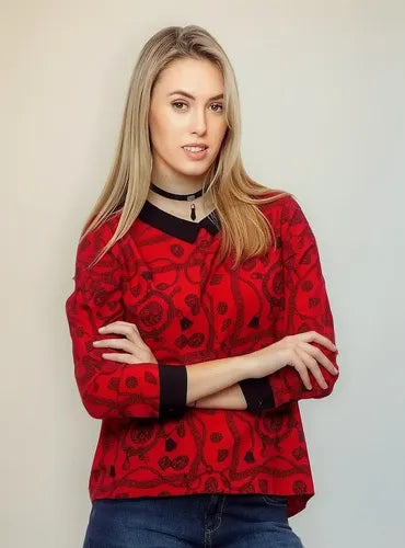 Camisa Blusa De Diseño Estampada  Rojo Estampado 1