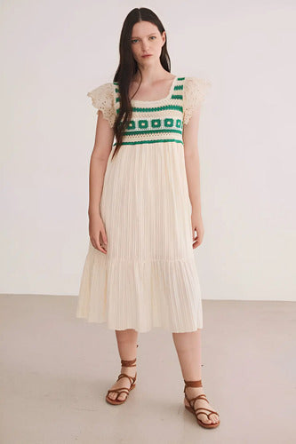 Vestido Importado Crochet  Boho Broderie Beige L