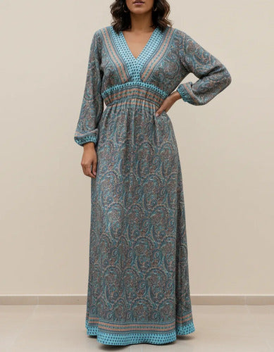 Vestido Largo De Seda Hindú Modelo Amplio Mod. 84 Turquesa Estampado Único