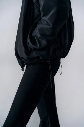 Campera Bomber Rasada Amplia Negro Único Liso