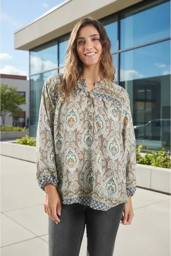 Camisa Blusa De Seda Hindú Modelo Grande Mod. 105 Marrón Claro Estampado Único