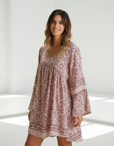 Vestido Corto De Seda Hindú  Mangas Oxford Modelo Amplio
