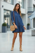 Vestido De Jean Con Volado Manga Larga Talle Grande Azul Lisa Xxl