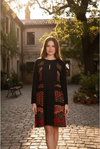 Vestido De Modal Al Cuerpo Negro Con Azul Estampado M