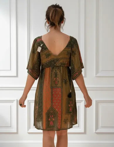 Vestido Corto De Seda Hindú Rosa Estampado Único