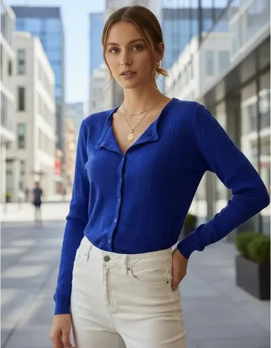 Cárdigan Saquito De Mujer Importado Tejido Azul Liso Unico