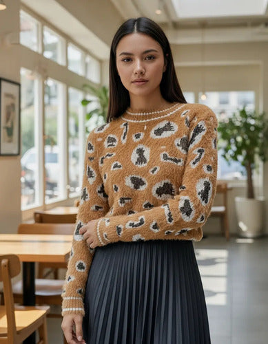 Sweater De Mujer Importado  Animal Print Pelo De Mono Marrón Animal Print Único