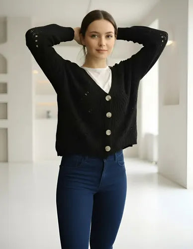 Cardigan Saco Tejido Calado Importado Negro Unico