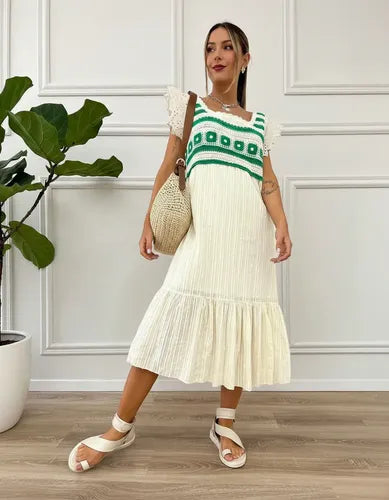 Vestido Importado Crochet  Boho Broderie Beige L