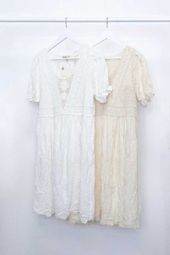 Vestido  Importado Crochet Bordado Boho Blanco Bordado S