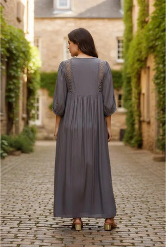 Vestido Largo Simil Seda Y Puntilla Modelo Amplio Verde Lisa Único