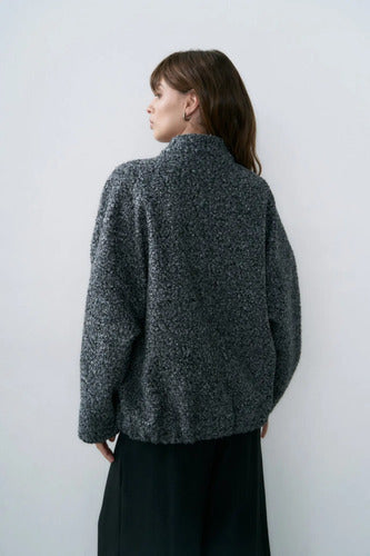 Campera Bomber De Bouclé Gris Oscuro Único Liso