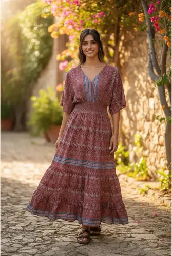 Vestido De Seda Hindú Largo Mod. 24 Rosa Viejo Estampado Único