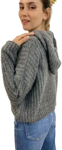 Sweater Tejido Con Capucha Corto Oversize Gris Oscuro Único