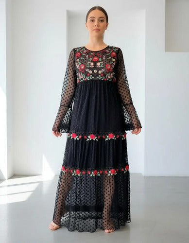 Vestido Boho Fiesta Bordado Tipo Vars Importado Negro Liso S/m