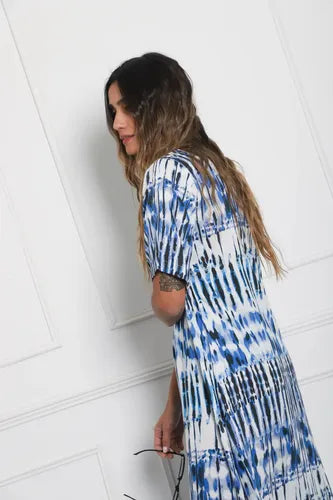 Vestido Largo De India Estampado Amplio Blanco Con Azul Estampado M