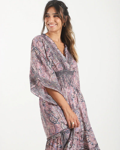 Vestido De Seda Hindú Largo Nuevo 2da Selección Lila Estampado Único