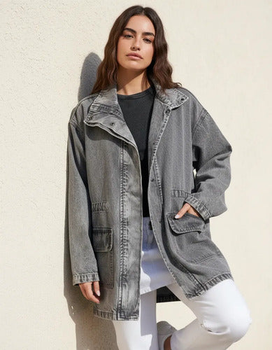 Saco Largo Jean Campera Camisaco Oversize Denim Talle Grande Gris 38 Liso