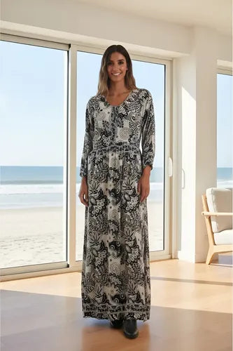 Vestido De Seda Hindú Largo Modelo Amplio Mod. 31 Blanco Con Negro 1 Estampado Único